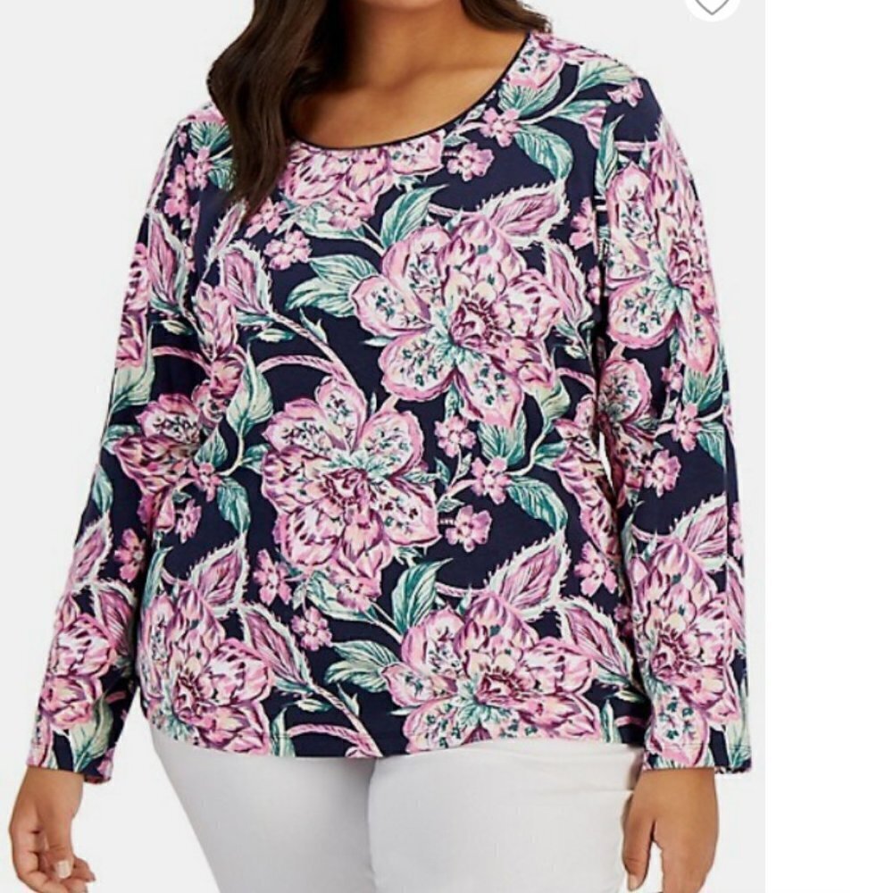 3X Karen Scott Women’s Pink Floral Long Sleeve Cotton Blend Top